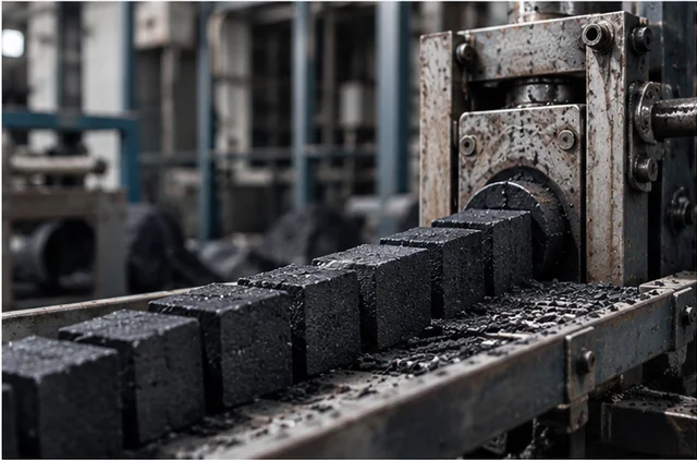 Charcoal briquettes coming off a production line