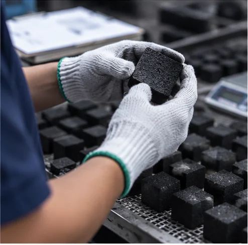 Charcoal briquettes being inspected by a worker wearing protective gloves