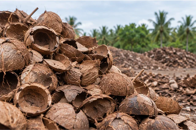 Coconut shells before charcoal processing
